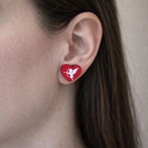 NEW Handmade Cupid Red Love Heart Stud Wood Earrings Red White